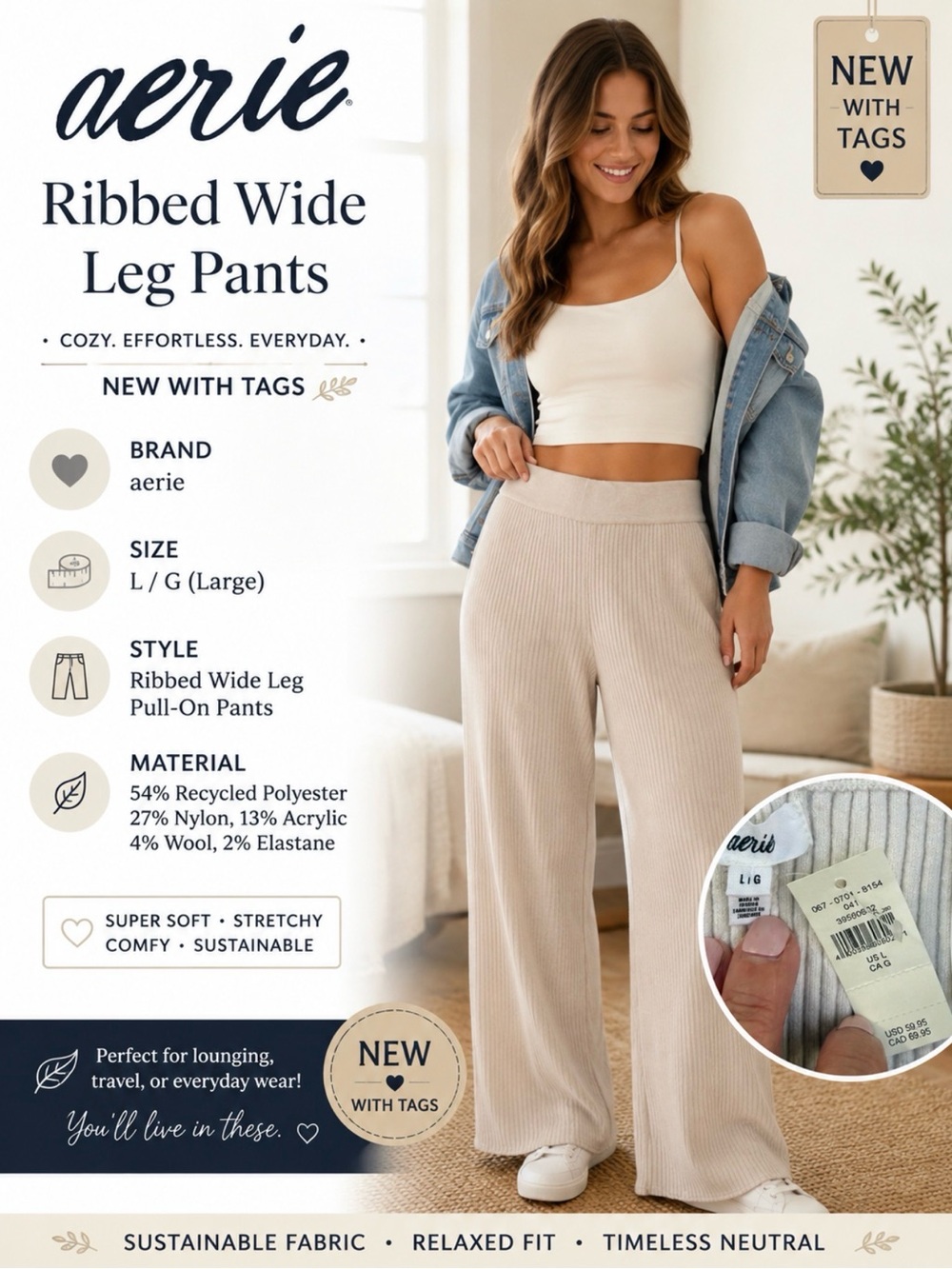 New AERIE Ribbed Wide Leg Ivory Sweater Pants Trouser L Large Super Soft